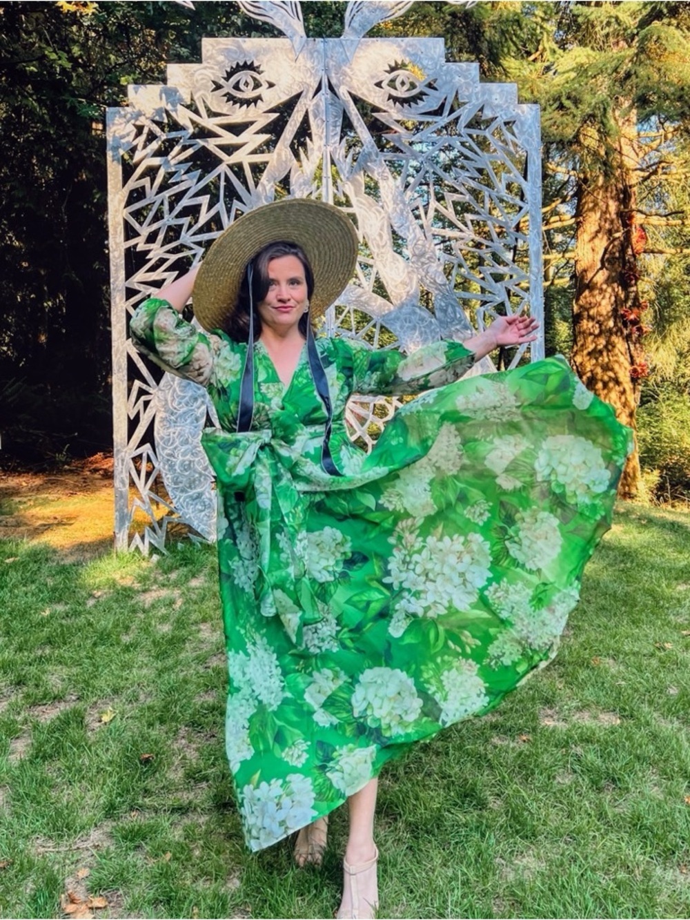 STYLEWE Green Floral Maxi Dress with Wrap Tie  V- Neck Flowy Wedding Parties